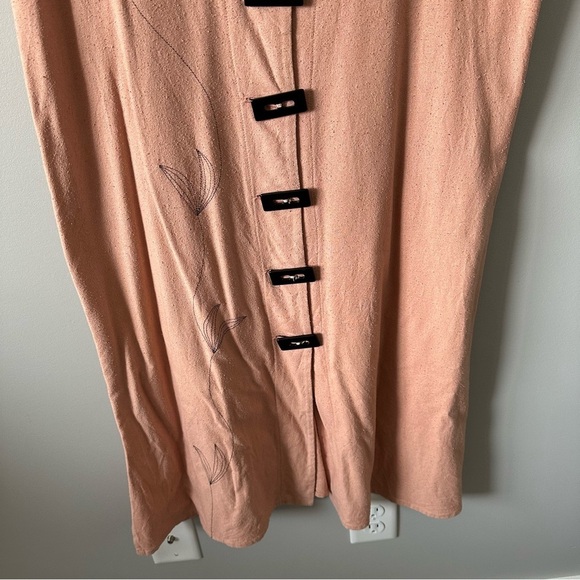 Minimalist Dress Embroidered Leaf V-neck 100% Silk Earthy Blush Lagenlook Small - Picture 3 of 11
